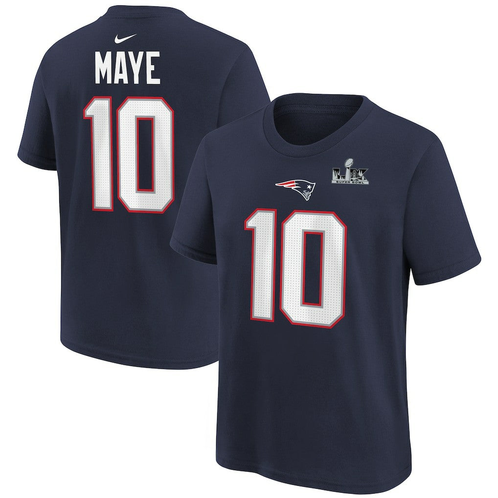 Drake Maye  Youth Super Bowl LX Patch Name & Number T-Shirt - New England Patriots