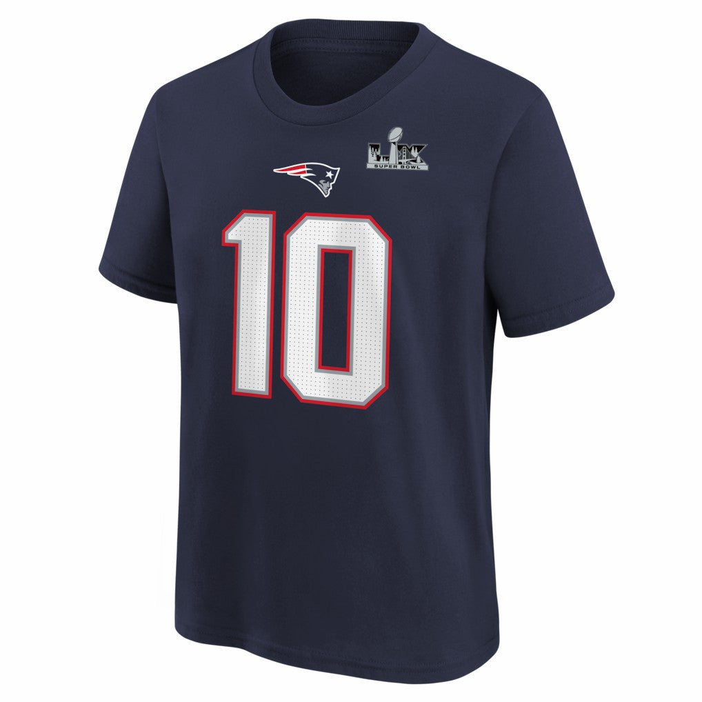 Drake Maye  Youth Super Bowl LX Patch Name & Number T-Shirt - New England Patriots