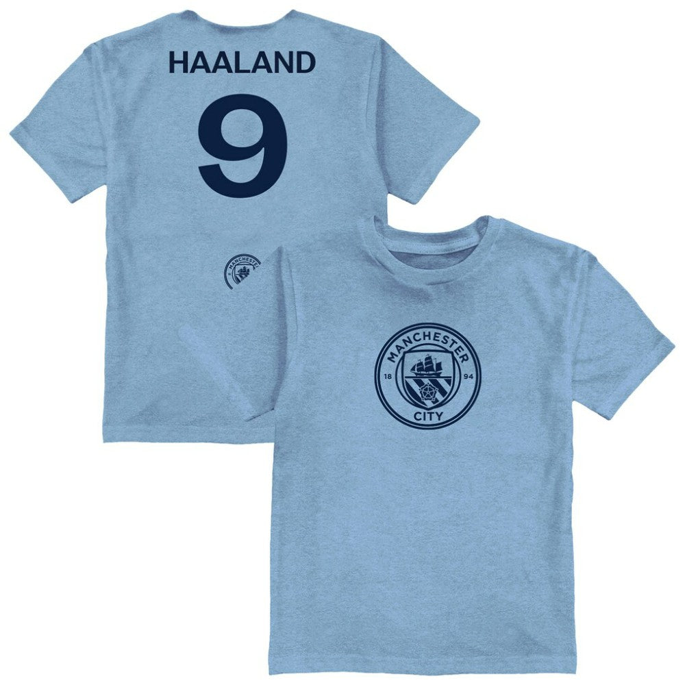 Erling Haaland Manchester City Vive La Fete Youth Player Name & Number Color Badge T-Shirt -  Light Blue