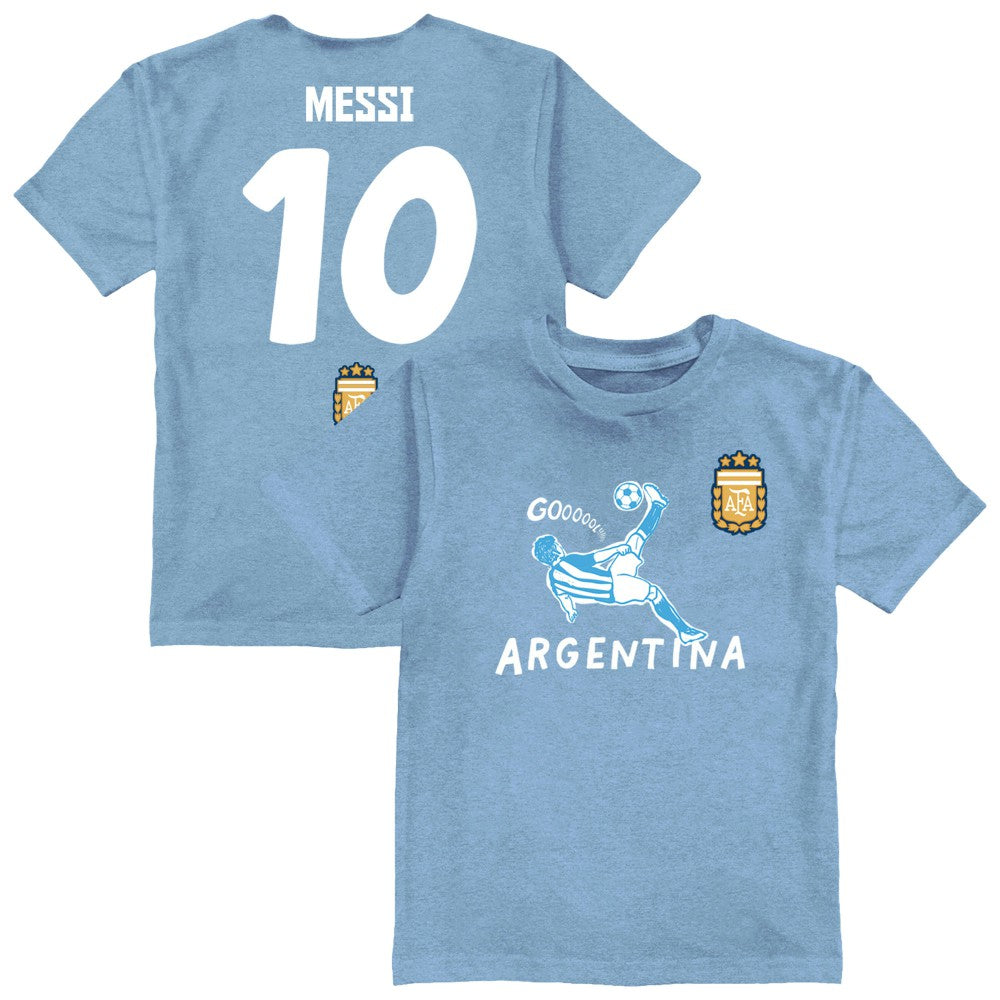 Lionel Messi Argentina National Team Vive La Fete Youth Player Name & Number Chilena Style T-Shirt -  Light Blue