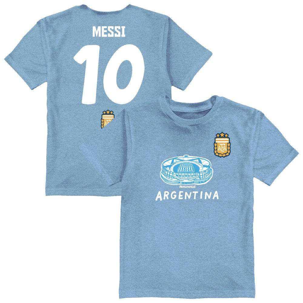 Lionel Messi Argentina National Team Vive La Fete Youth Player Name & Number Stadium Style T-Shirt -  Light Blue