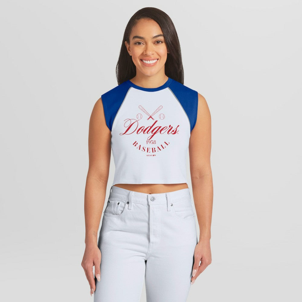 MLB Los Angeles Dodgers WEAR by Erin Andrews Women's Cooperstown Cropped Raglan Tank Top