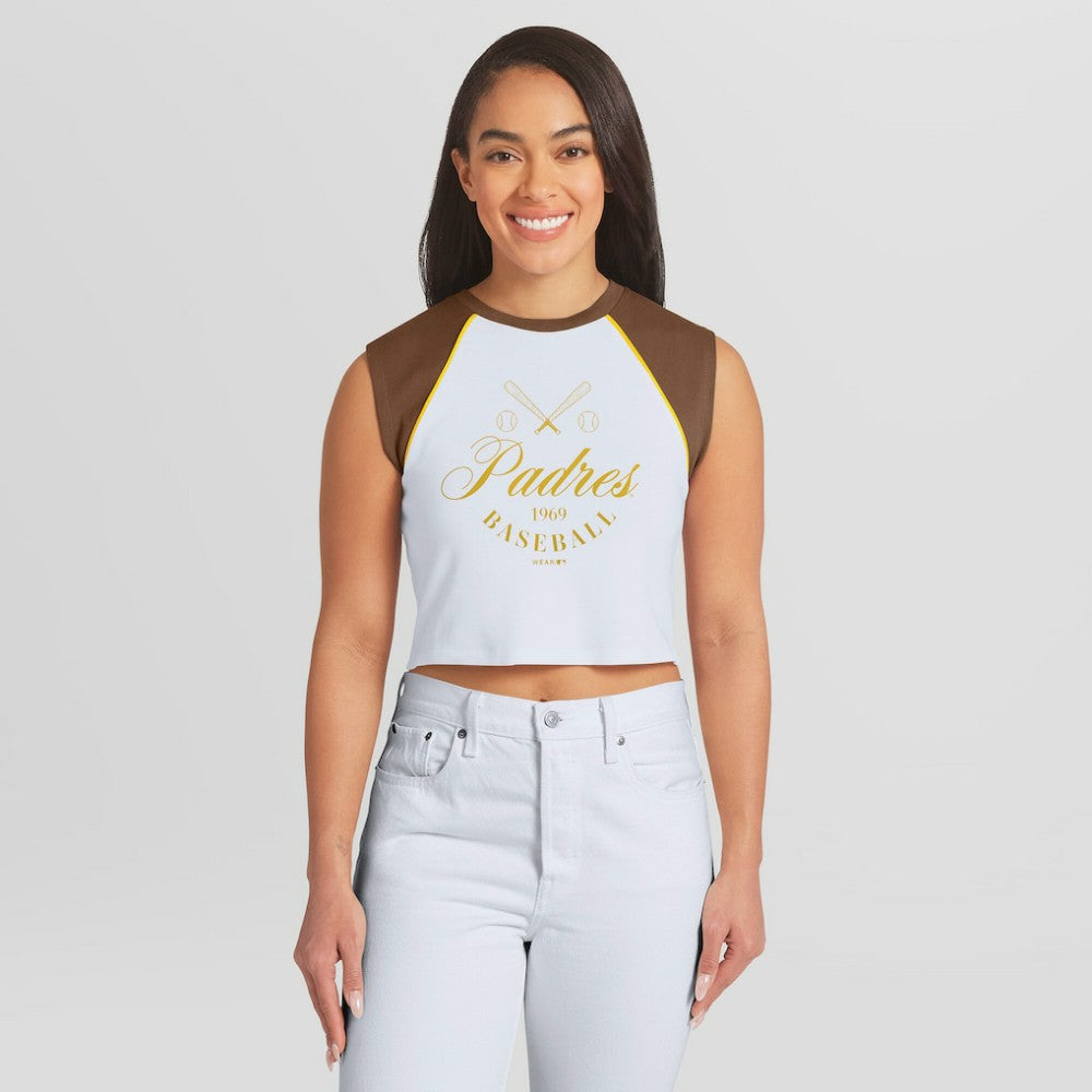 MLB San Diego Padres WEAR by Erin Andrews Women's Cooperstown Cropped Raglan Tank Top