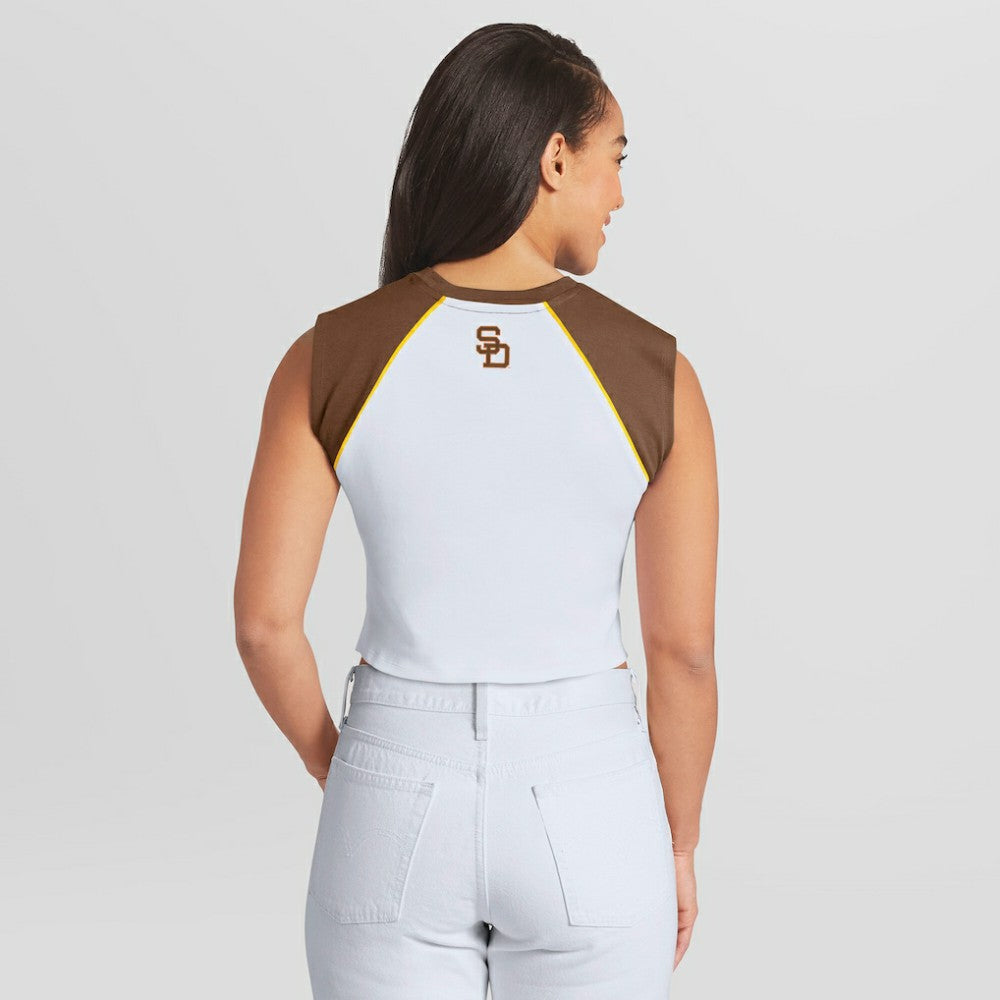 MLB San Diego Padres WEAR by Erin Andrews Women's Cooperstown Cropped Raglan Tank Top