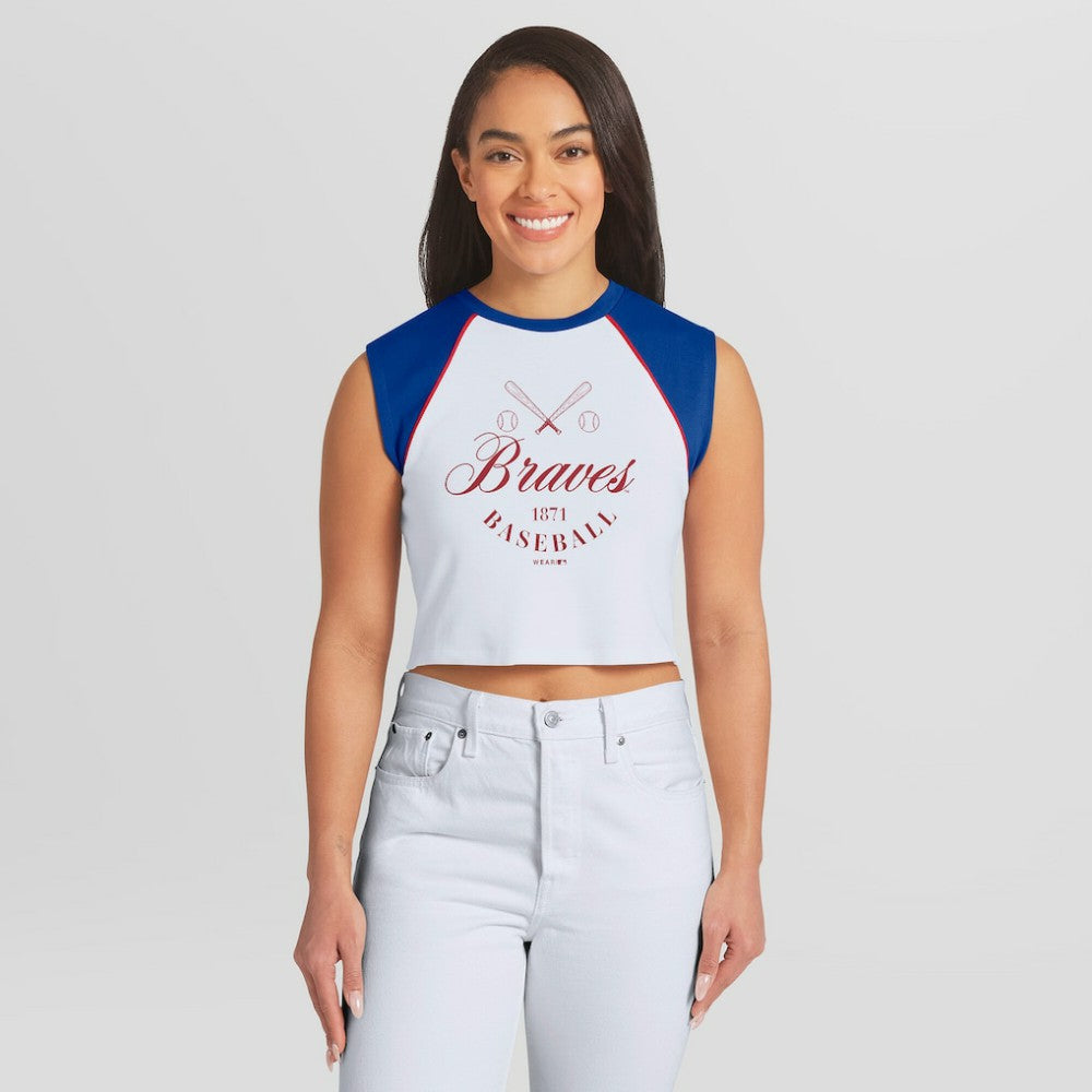 MLB Atlanta Braves WEAR by Erin Andrews Women's Cooperstown Cropped Raglan Tank Top