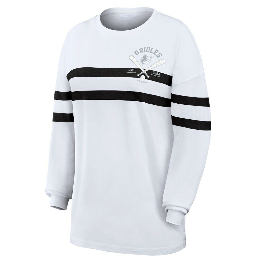 MLB Baltimore Orioles WEAR by Erin Andrews Women's Oversized Long Sleeve Striped T-Shirt