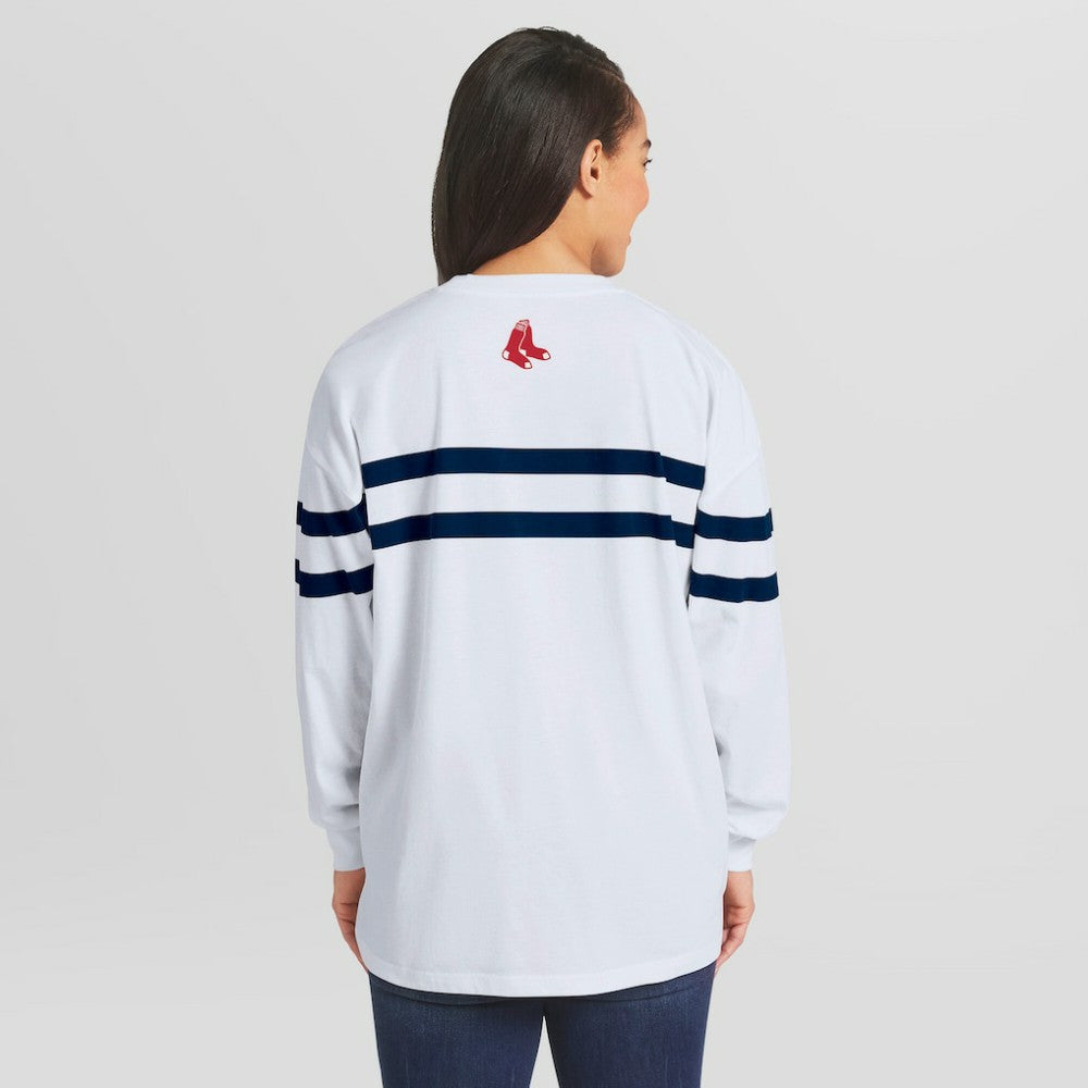 MLB Boston Red Sox WEAR by Erin Andrews Women's Oversized Long Sleeve Striped T-Shirt