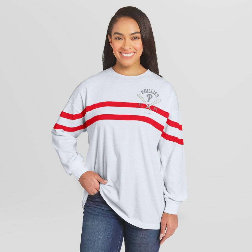 MLB Philadelphia Phillies WEAR by Erin Andrews Women's Oversized Long Sleeve Striped T-Shirt