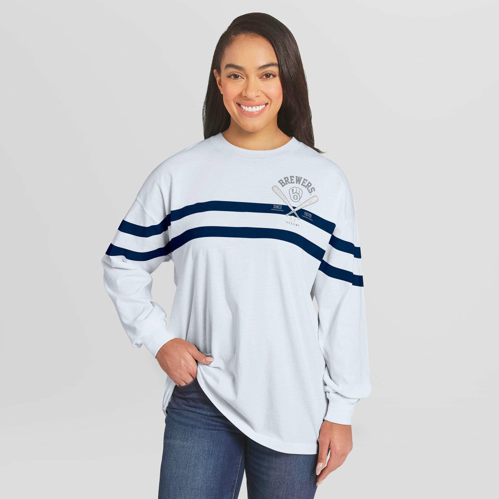 MLB Milwaukee Brewers WEAR by Erin Andrews Women's Oversized Long Sleeve Striped T-Shirt
