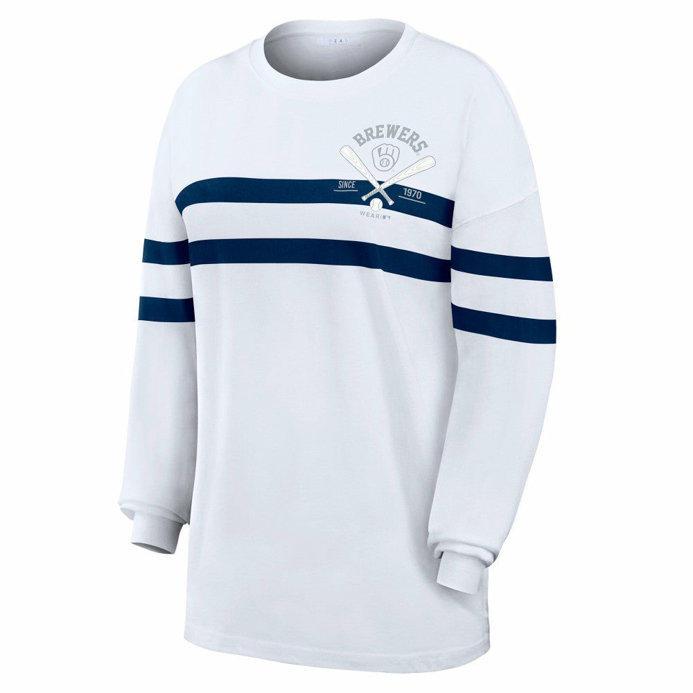 MLB Milwaukee Brewers WEAR by Erin Andrews Women's Oversized Long Sleeve Striped T-Shirt