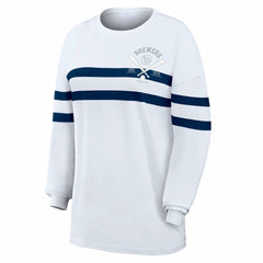 MLB Milwaukee Brewers WEAR by Erin Andrews Women's Oversized Long Sleeve Striped T-Shirt