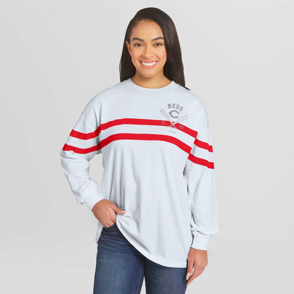 MLB Cincinnati Reds WEAR by Erin Andrews Women's Oversized Long Sleeve Striped T-Shirt