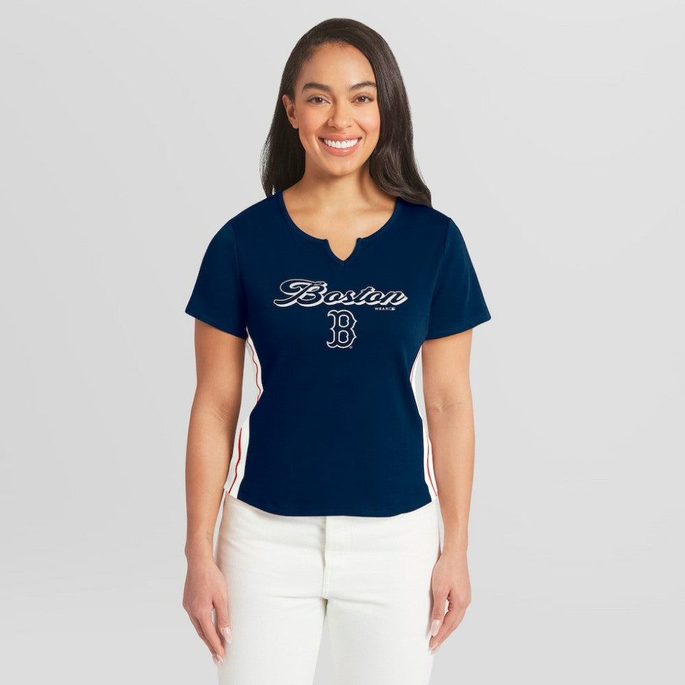 MLB Boston Red Sox WEAR by Erin Andrews Women's Notch Neck Cropped T-Shirt