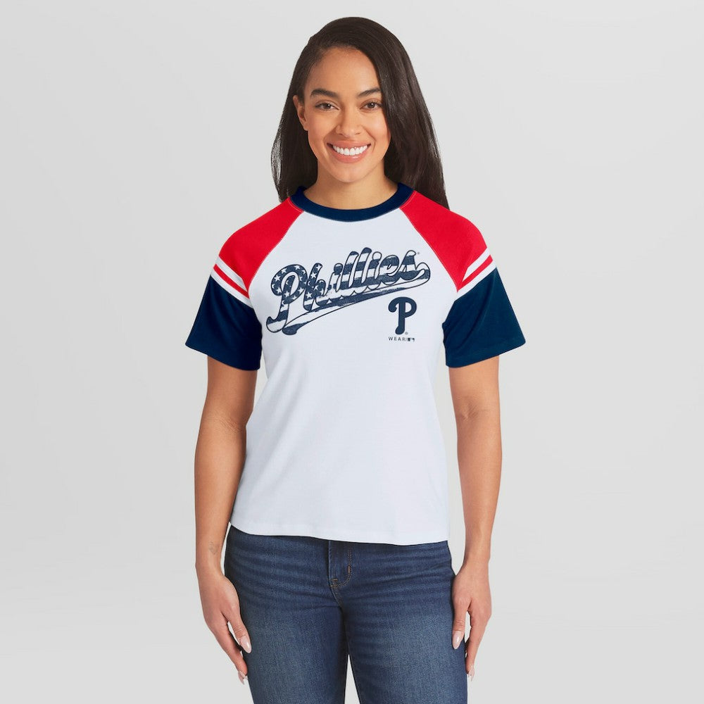 MLB Philadelphia Phillies WEAR by Erin Andrews Women's Striped Raglan T-Shirt