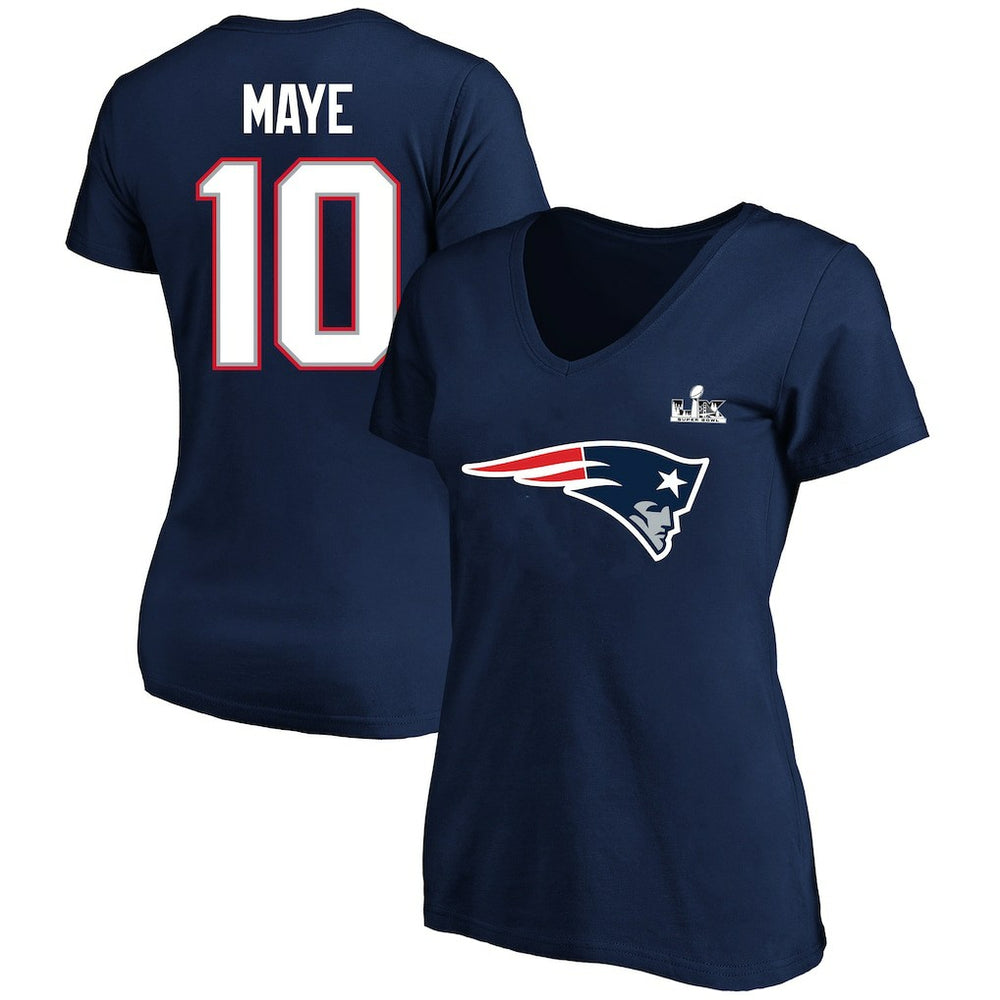 Drake Maye  Women's Super Bowl LX Patch Plus Size Name & Number V-Neck T-Shirt - New England Patriots