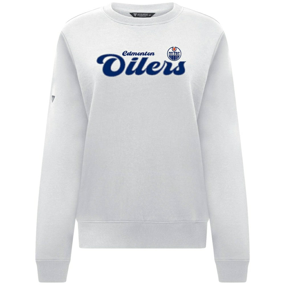 NHL White Edmonton Oilers Levelwear Women's Yvette Big Script Tri-Blend Sweatshirt