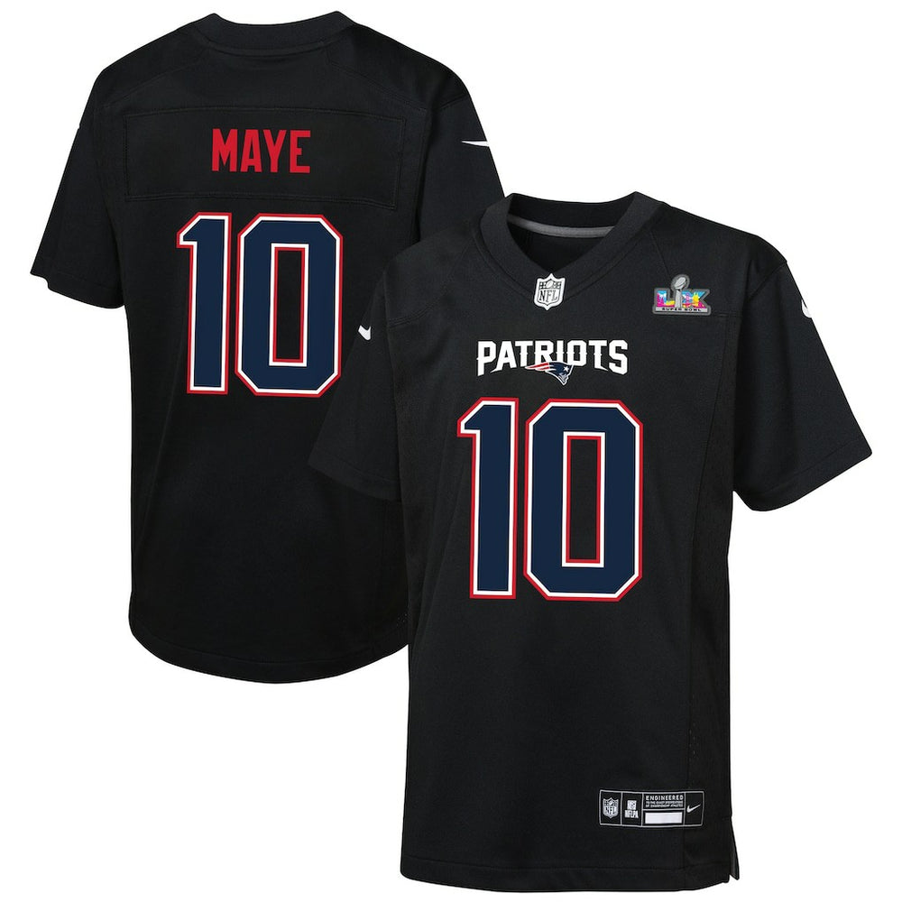 Drake Maye  Youth Super Bowl LX Patch Carbon Fashion Game Jersey - New England Patriots