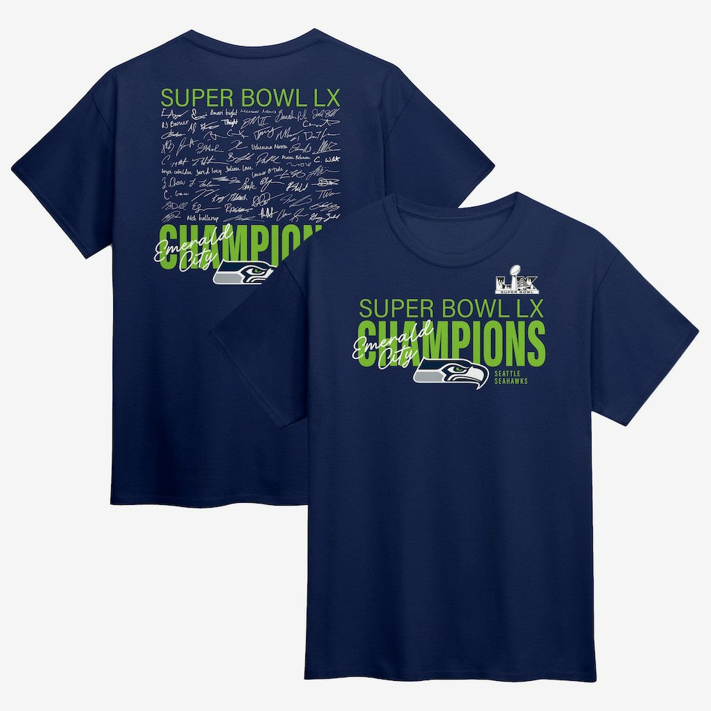 Super Bowl LX Champions Big & Tall Autograph Signing Roster T-Shirt - Seattle Seahawks