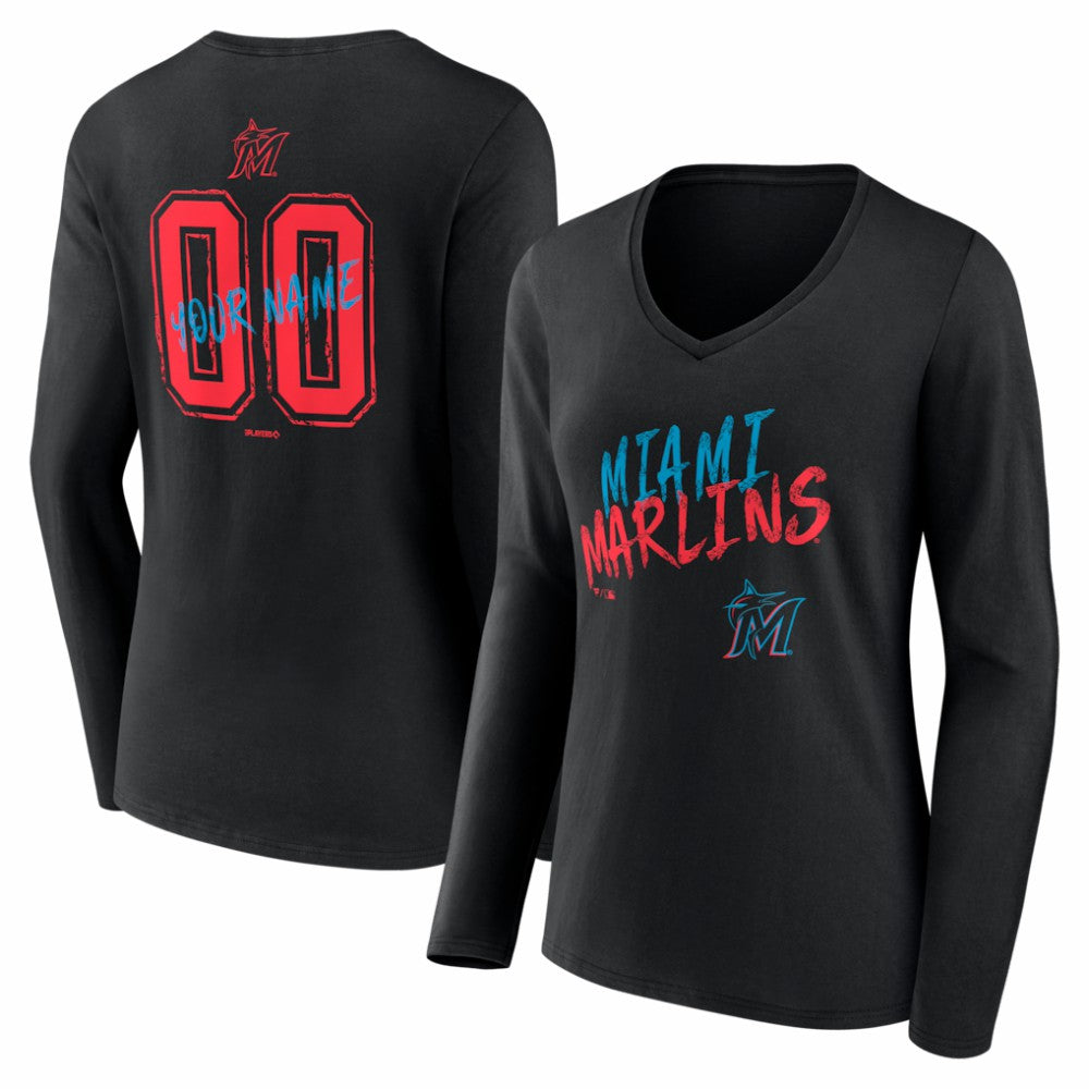 MLB Miami Marlins Women's Hustle Personalized Name & Number Long Sleeve V-Neck T-Shirt