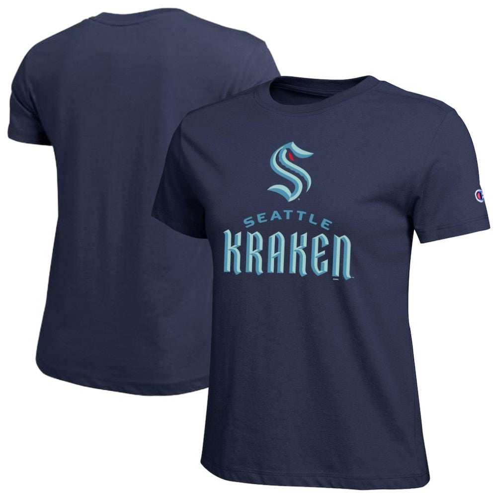 NHL Navy Seattle Kraken Champion Women's Wordmark Lockup T-Shirt