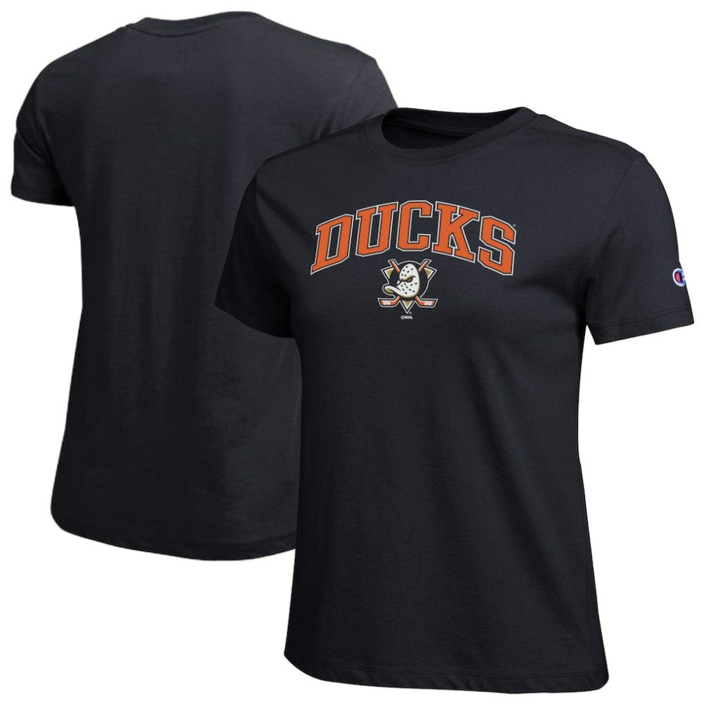 NHL Black Anaheim Ducks Champion Women's Arch Mascot Logo T-Shirt