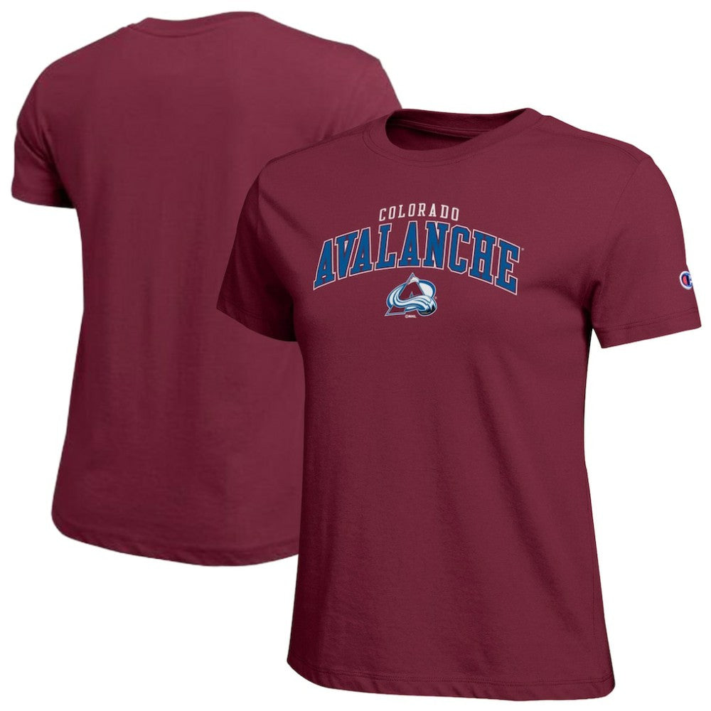 NHL Burgundy Colorado Avalanche Champion Women's Arch Mascot Logo T-Shirt