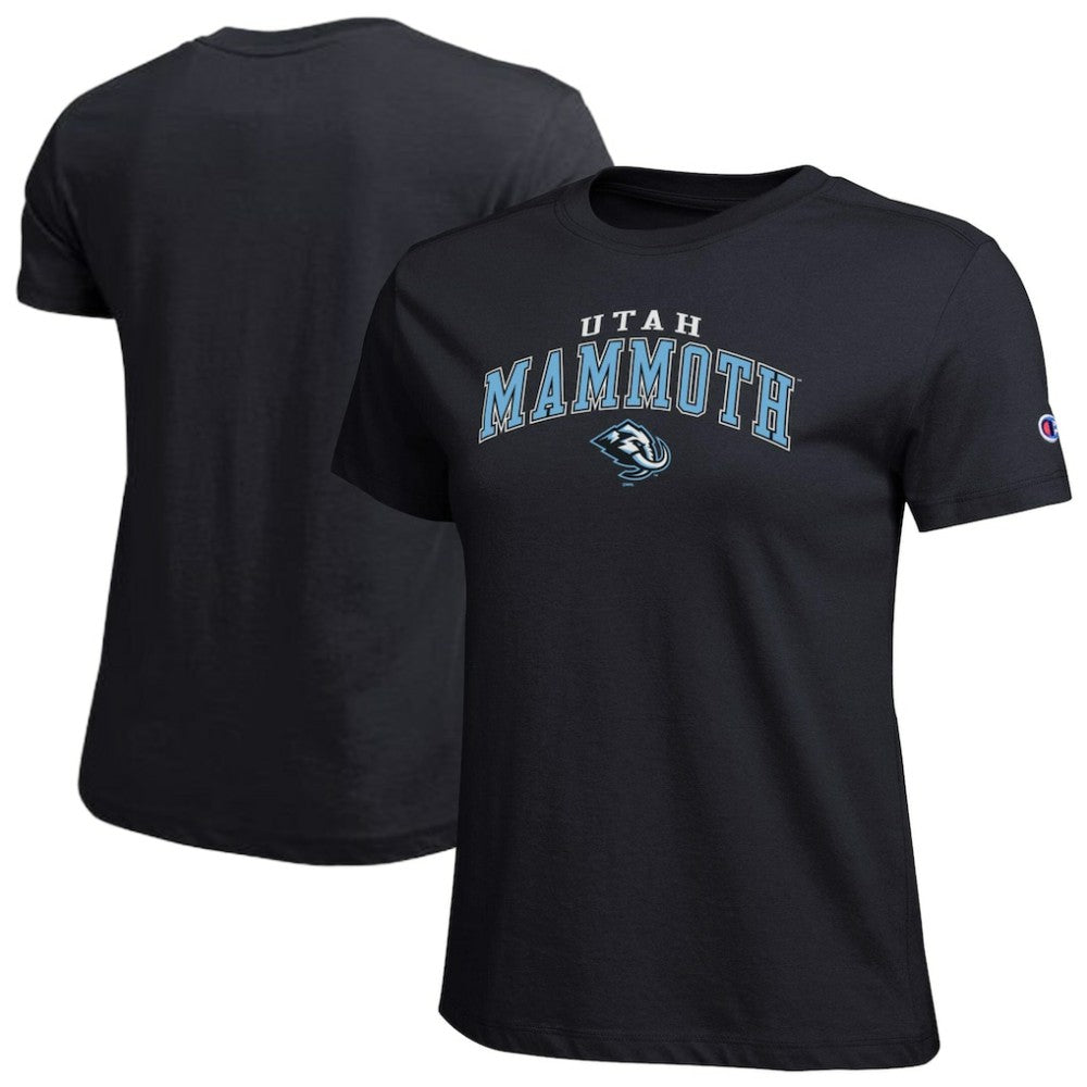 NHL Black Utah Mammoth Champion Women's Arch Mascot Logo T-Shirt