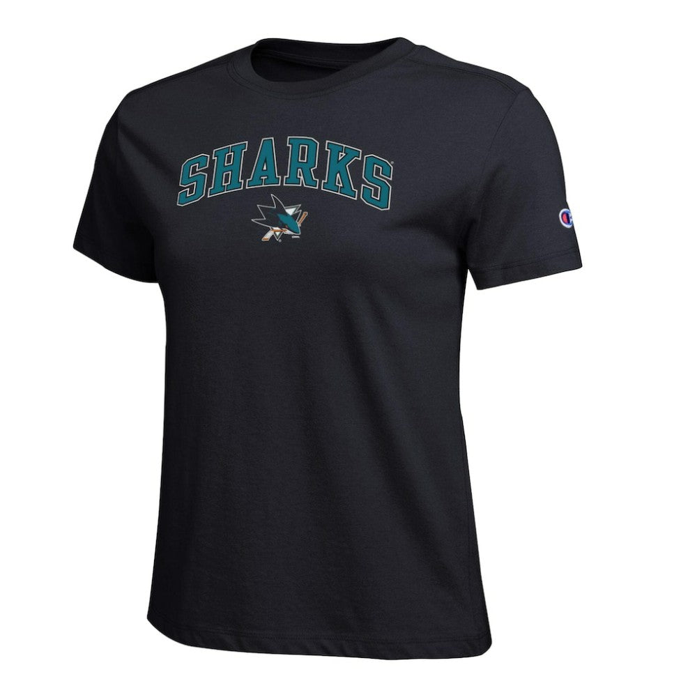 NHL Black San Jose Sharks Champion Women's Arch Mascot Logo T-Shirt