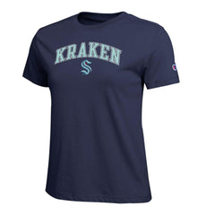 NHL Navy Seattle Kraken Champion Women's Arch Mascot Logo T-Shirt