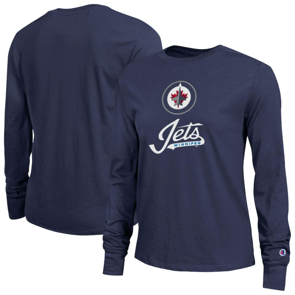 NHL Navy Winnipeg Jets Champion Women's Wordmark Lockup Long Sleeve T-Shirt