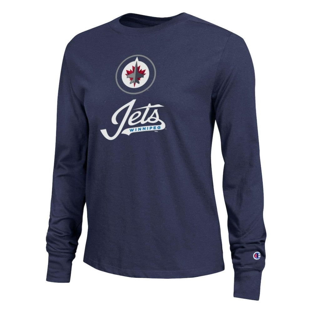 NHL Navy Winnipeg Jets Champion Women's Wordmark Lockup Long Sleeve T-Shirt