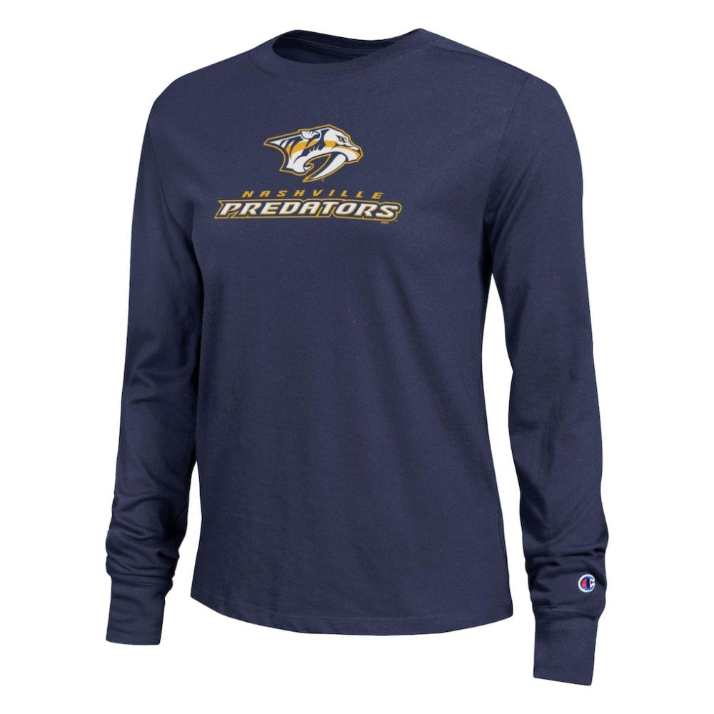 NHL Navy Nashville Predators Champion Women's Wordmark Lockup Long Sleeve T-Shirt