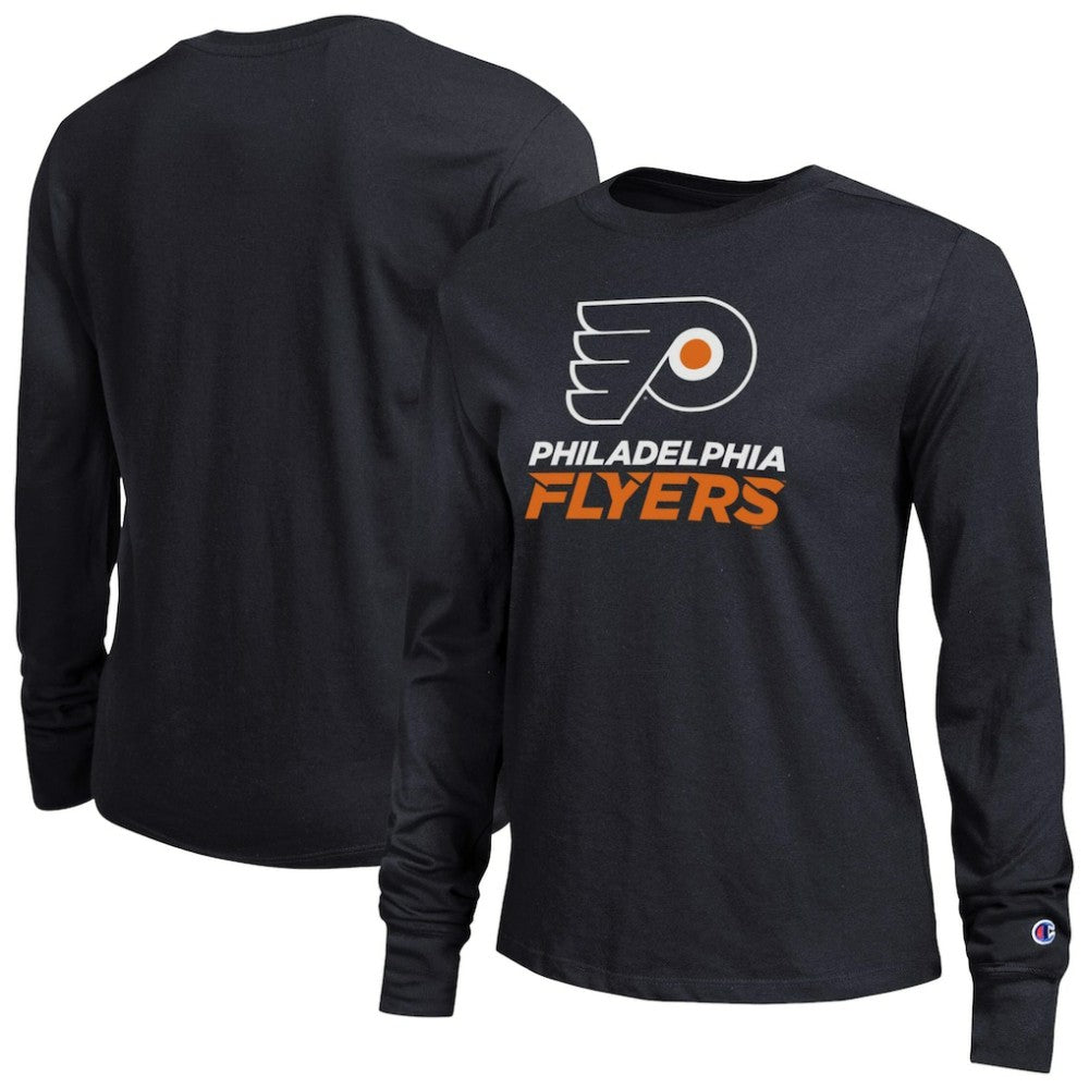 NHL Black Philadelphia Flyers Champion Women's Wordmark Lockup Long Sleeve T-Shirt