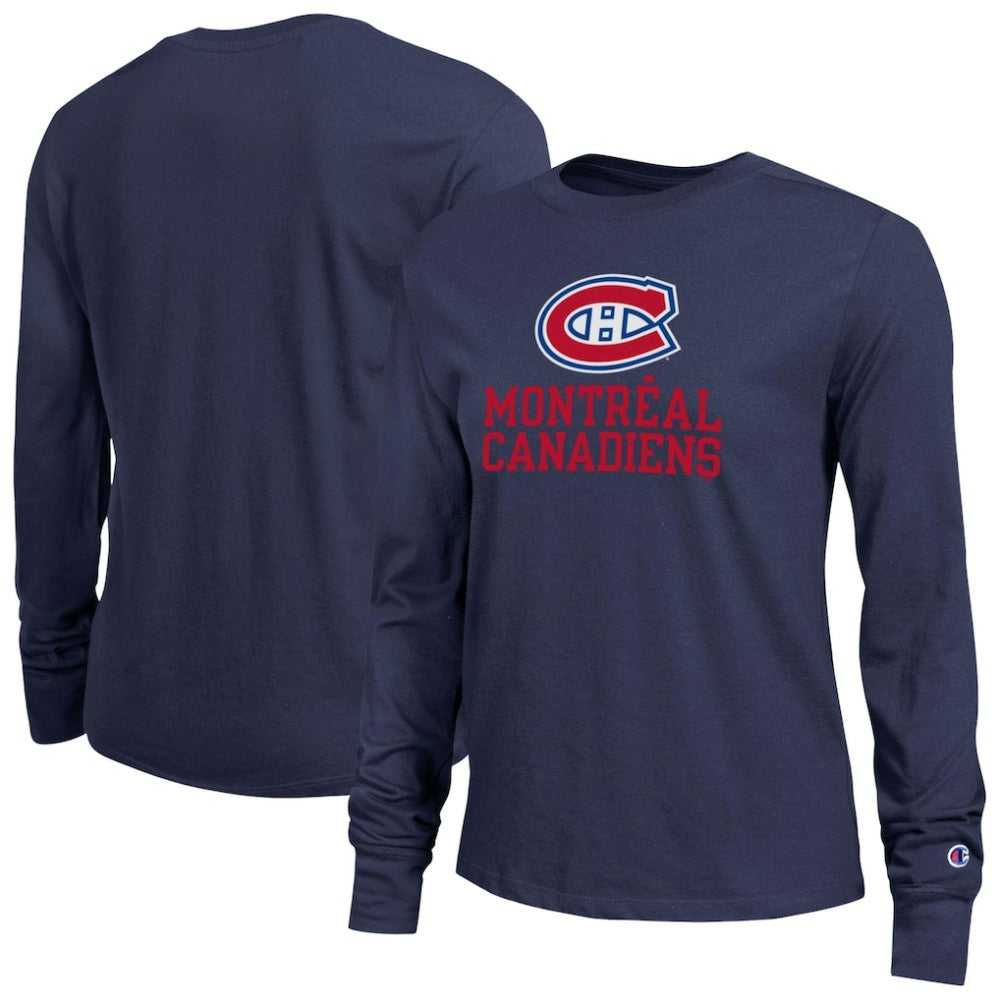 NHL Navy Montreal Canadiens Champion Women's Wordmark Lockup Long Sleeve T-Shirt