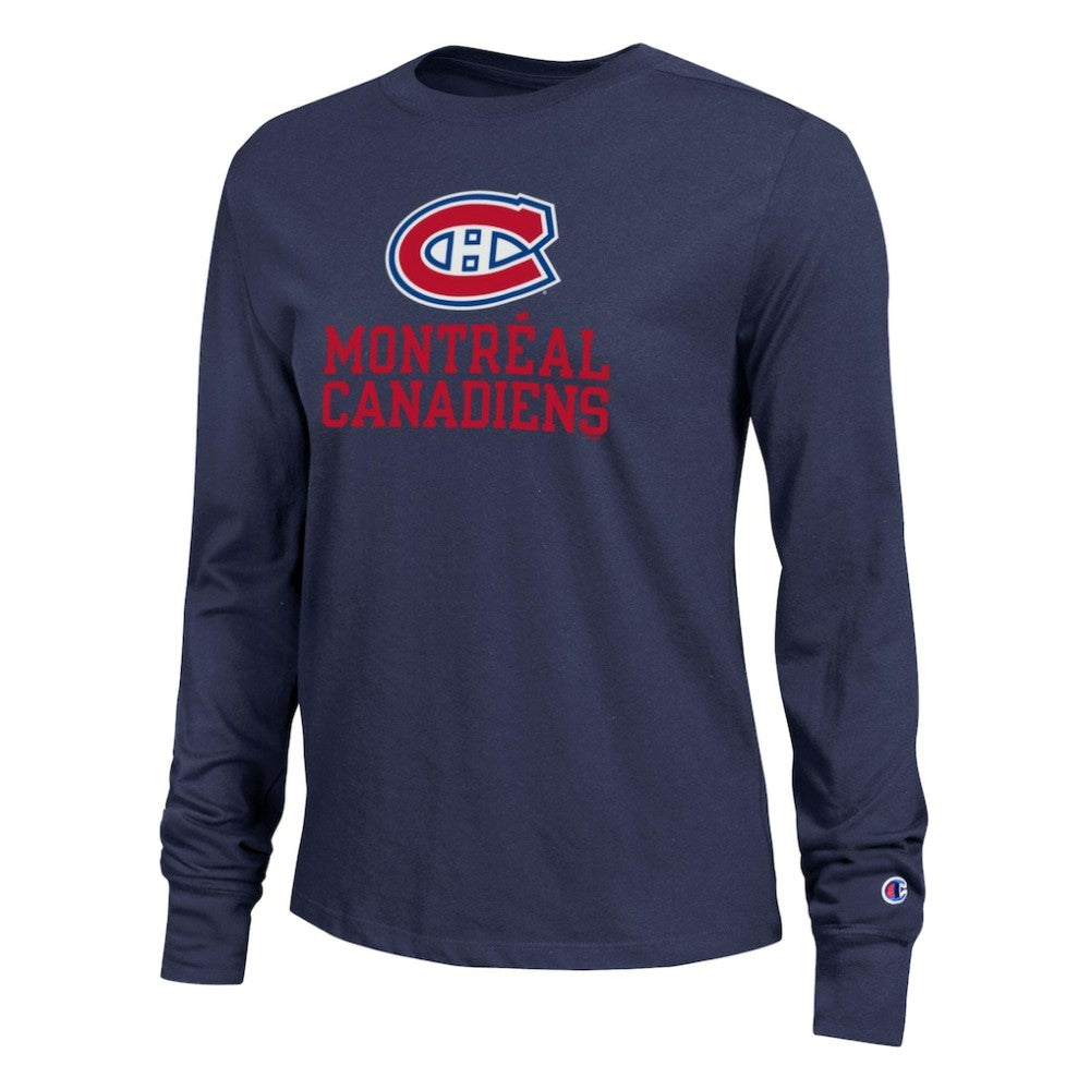 NHL Navy Montreal Canadiens Champion Women's Wordmark Lockup Long Sleeve T-Shirt
