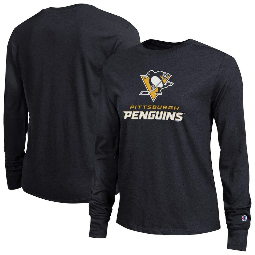 NHL Black Pittsburgh Penguins Champion Women's Wordmark Lockup Long Sleeve T-Shirt