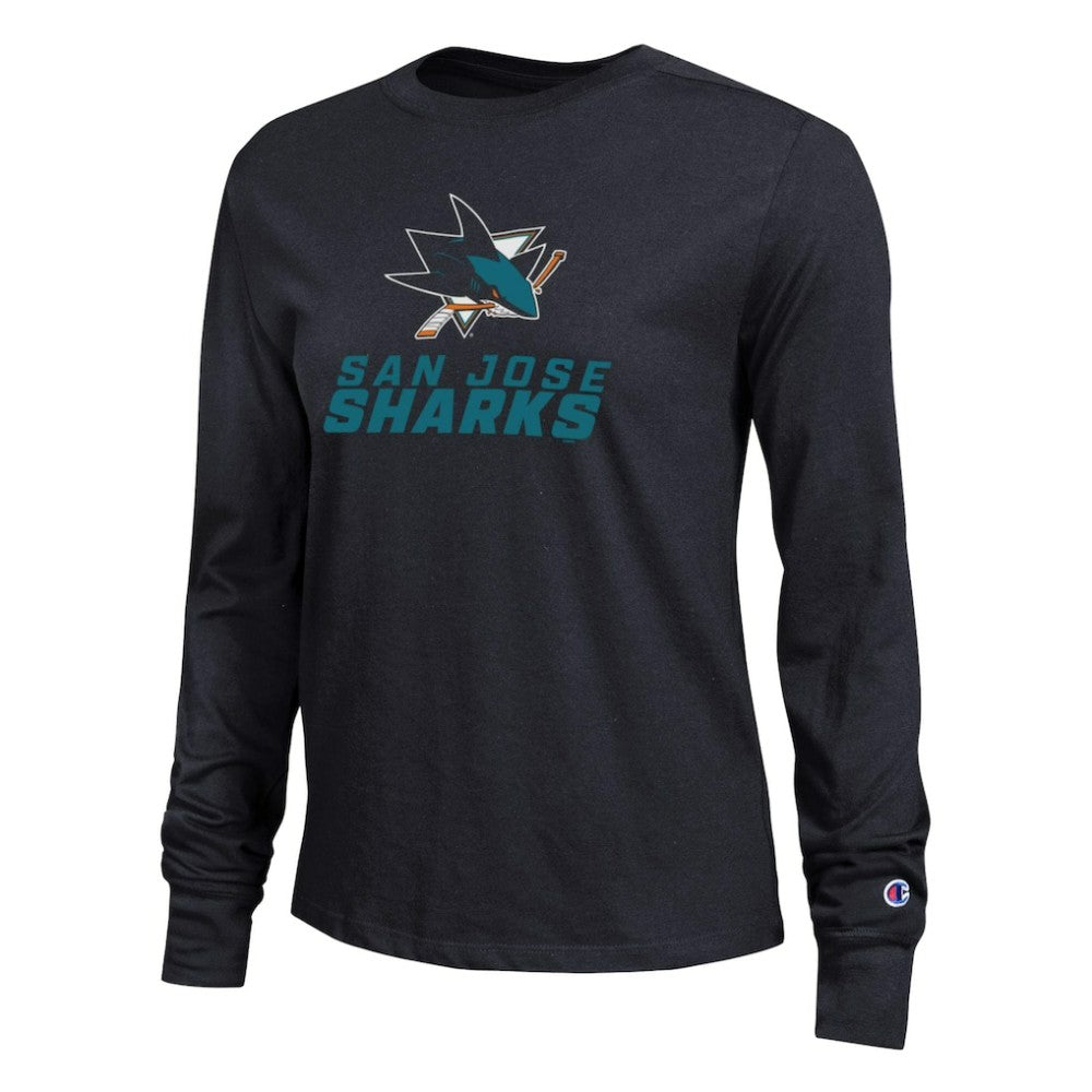 NHL Black San Jose Sharks Champion Women's Wordmark Lockup Long Sleeve T-Shirt