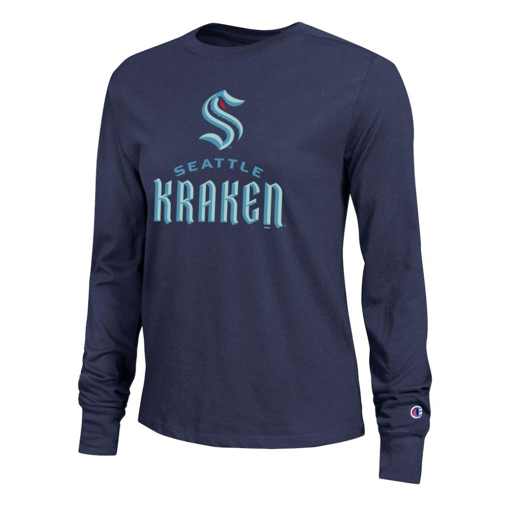 NHL Navy Seattle Kraken Champion Women's Wordmark Lockup Long Sleeve T-Shirt