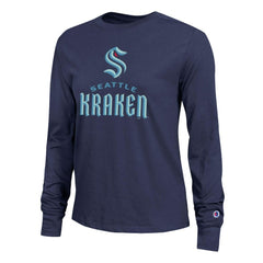 NHL Navy Seattle Kraken Champion Women's Wordmark Lockup Long Sleeve T-Shirt