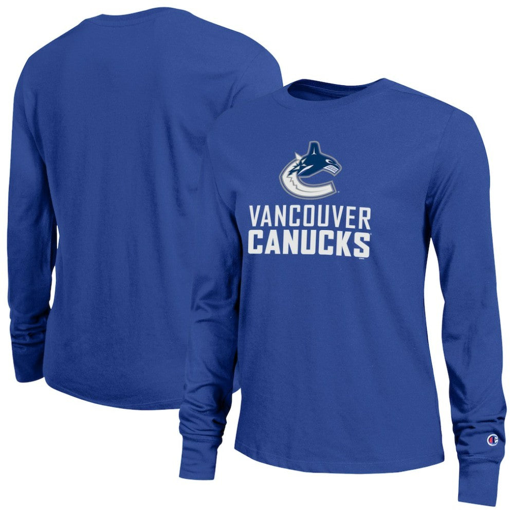 NHL Royal Vancouver Canucks Champion Women's Wordmark Lockup Long Sleeve T-Shirt