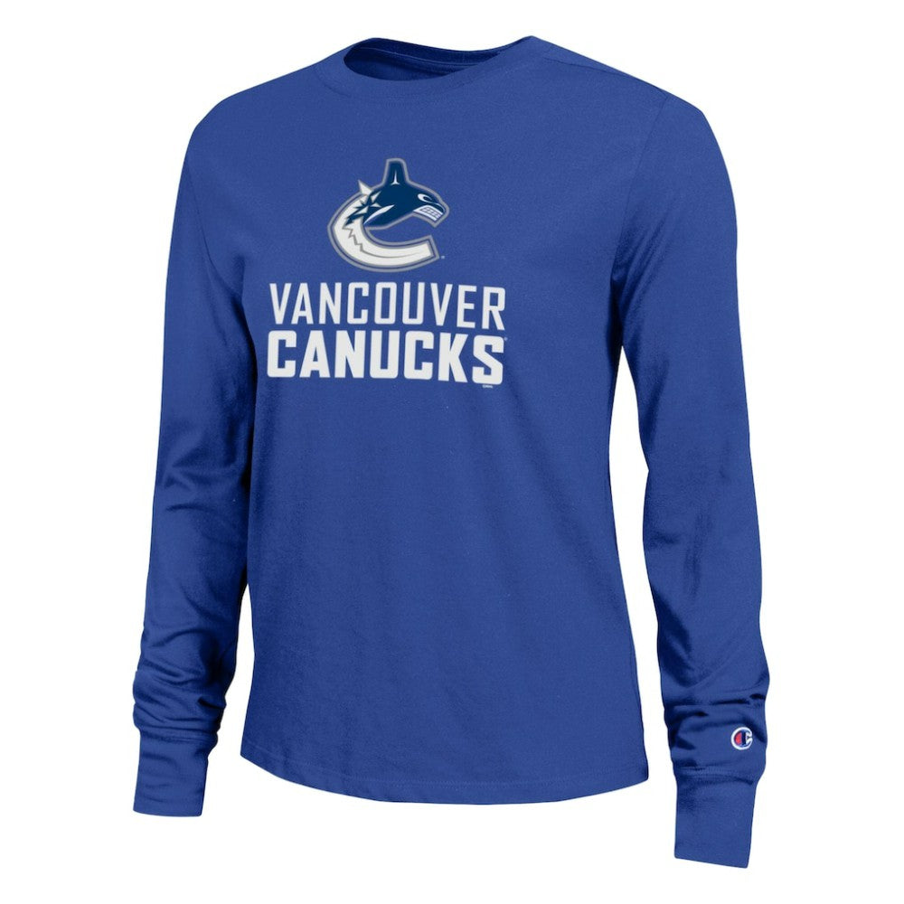 NHL Royal Vancouver Canucks Champion Women's Wordmark Lockup Long Sleeve T-Shirt