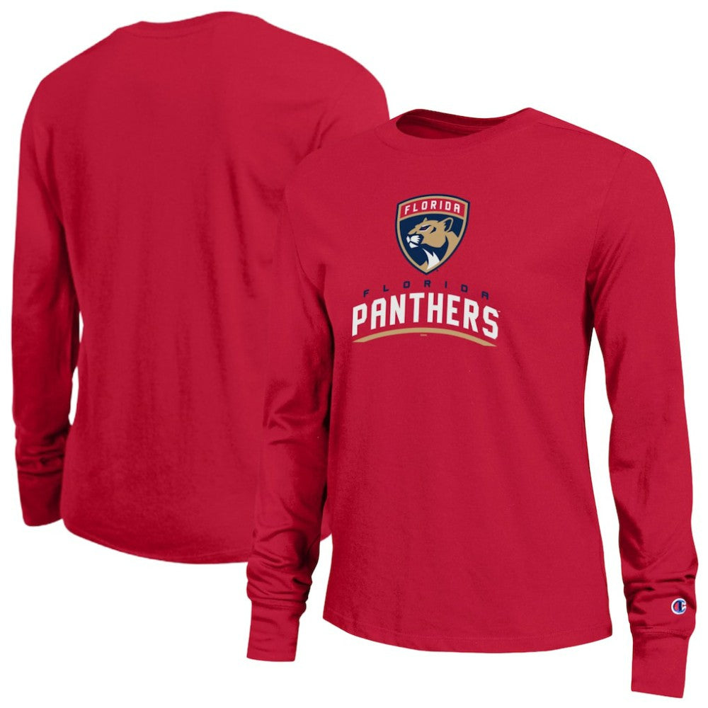 NHL Red Florida Panthers Champion Women's Wordmark Lockup Long Sleeve T-Shirt