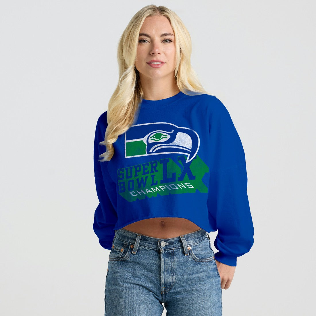 Spirit Jersey Women's Super Bowl LX s Retro Cropped Long Sleeve T-Shirt - Seattle Seahawks