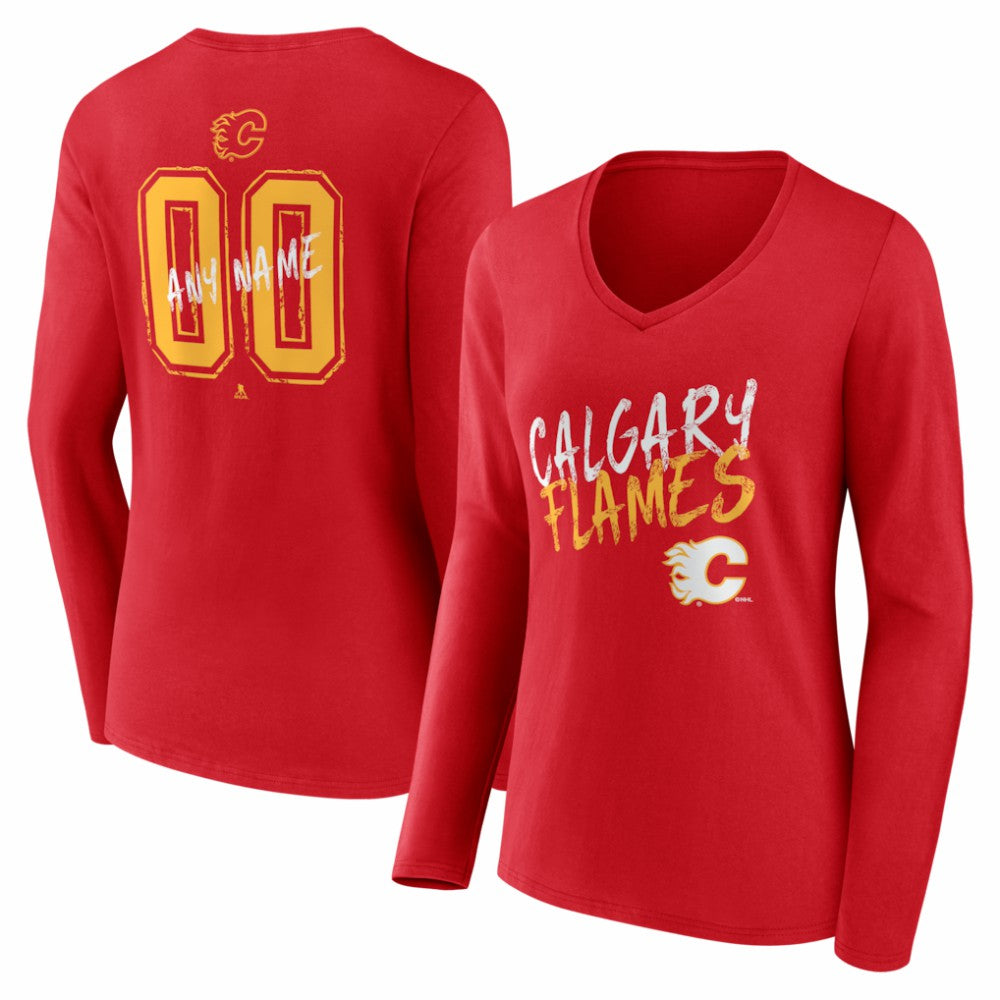 NHL Red Calgary Flames Women's Hustle Personalized Name & Number Long Sleeve V-Neck T-Shirt