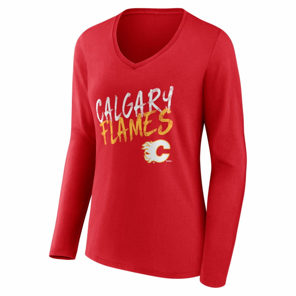NHL Red Calgary Flames Women's Hustle Personalized Name & Number Long Sleeve V-Neck T-Shirt