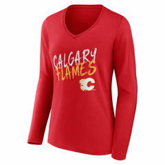 NHL Red Calgary Flames Women's Hustle Personalized Name & Number Long Sleeve V-Neck T-Shirt