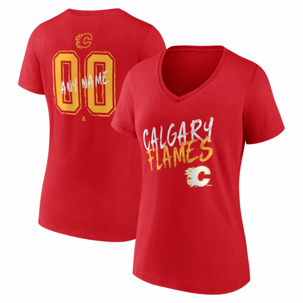 NHL Red Calgary Flames Women's Hustle Personalized Name & Number V-Neck T-Shirt
