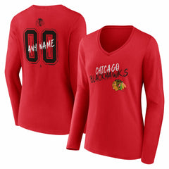 NHL Red Chicago Blackhawks Women's Hustle Personalized Name & Number Long Sleeve V-Neck T-Shirt