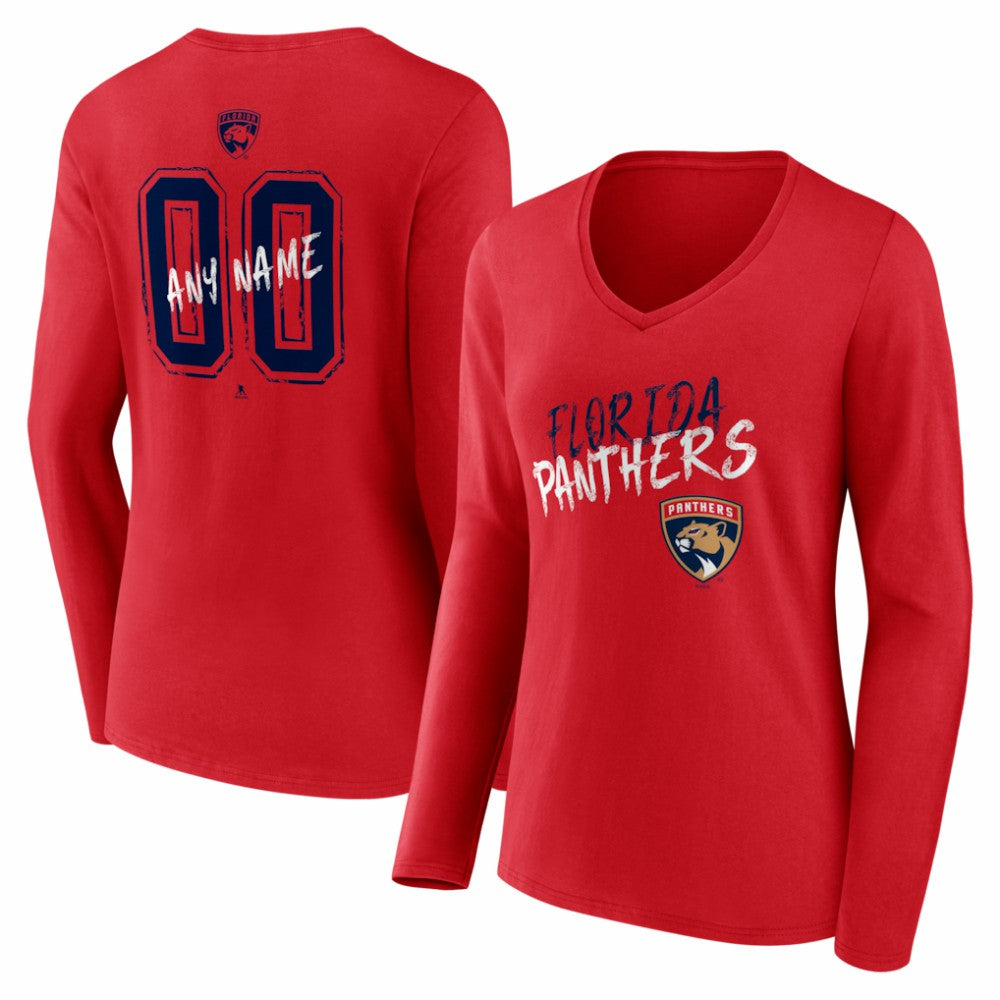NHL Red Florida Panthers Women's Hustle Personalized Name & Number Long Sleeve V-Neck T-Shirt