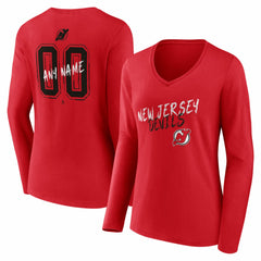 NHL Red New Jersey Devils Women's Hustle Personalized Name & Number Long Sleeve V-Neck T-Shirt